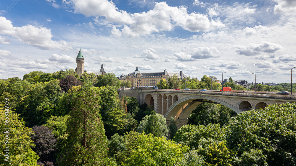 The Adolf's Bridge, the largest stone arch bridge in the world in Luxembourg City, the bridge is named after Duke Adolf of Luxembourg - obrazy, fototapety, plakaty 