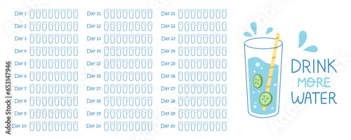 Vector printable 30 day water balance challenge. 8 glasses per day goal. Hydration tracker. Drinking enough glass of water. Monthly water balance tracker template.