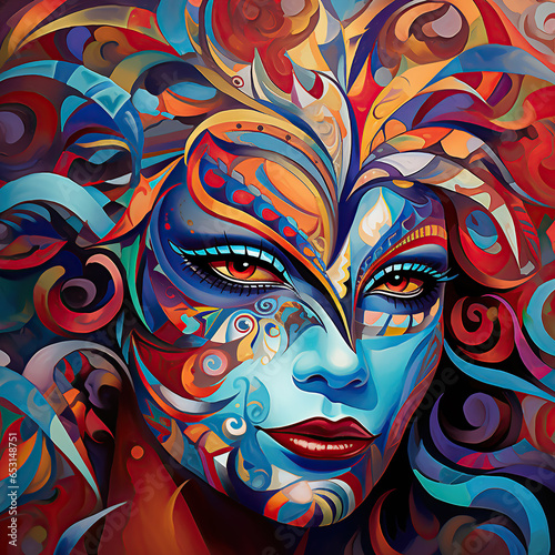 Drawn portrait on woman face in different colour, Carnival make up and costume image, Party and festive design