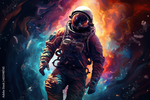 Astronaut in space suit floating in the Cosmo. Colourful illustration