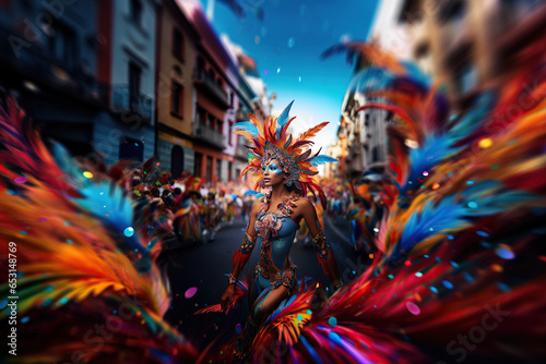 Woman wearing colourful carnival costume dancing on the urban street, Carnival celebration