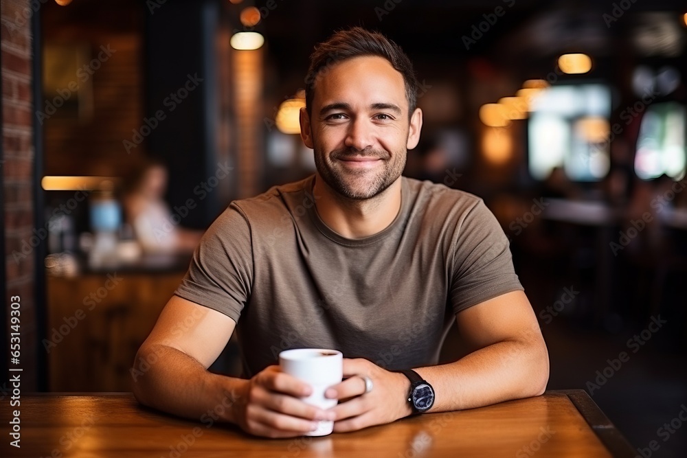 Portrait of a handsome young man holding a cup of coffee in a cafe