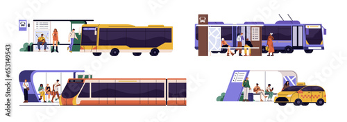 Urban transport, public vehicle set. Bus, train, taxi arrive to station. People standing, waiting transfer on stop. City infrastructure. Flat isolated vector illustration on white background