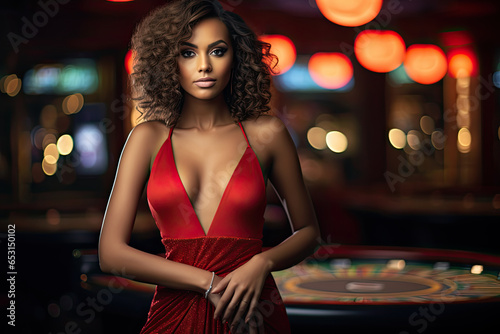 A beautiful black woman in a red dress is striking a pose in the casino.