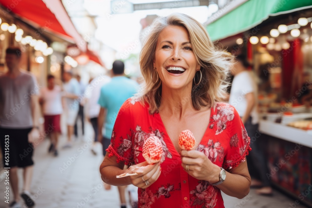 Cheerful woman eating ice cream in a street food market.