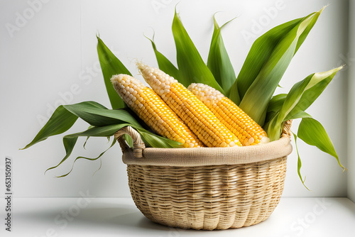 bright yellow corn light green leaves in a wicker basket window background