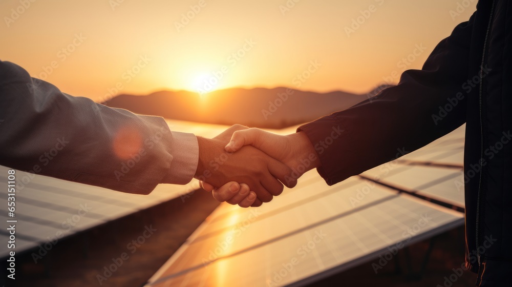 Hands of businessman shaking hand to corporate investment in the solar energy park, successful in green innovation investment. - obrazy, fototapety, plakaty 