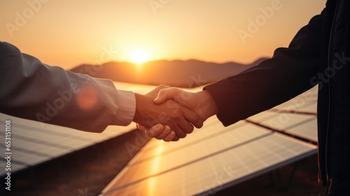Hands of businessman shaking hand to corporate investment in the solar energy park, successful in green innovation investment. photo