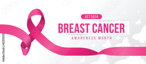 October, Breast cancer awareness month - Long pink pink ribbon awareness sign on white butterflys texture background vector design