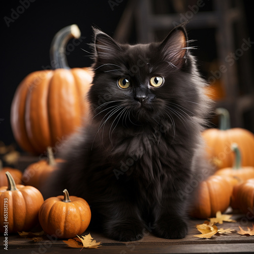 Funny fluffy black cat with pumpkins for Halloween on a dark background, Generative AI
