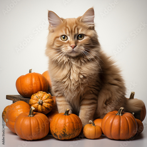 Ginger cat with pumpkins on white background, Generative AI
