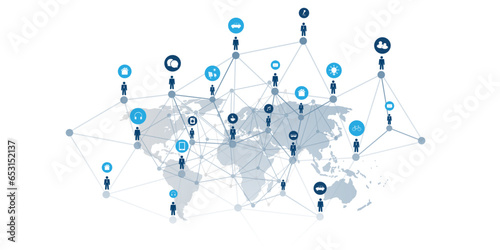 Modern Style Global Networks, Worldwide Business, IT Connections - Social Media Concept Design with Globally Connected People, Geometric Polygonal Mesh, Icons and World Map - Isolated Vector Template