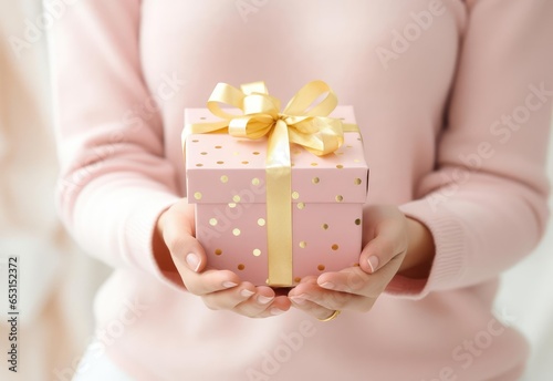 Young woman holding a gift box in her hands