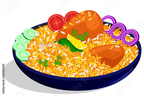 Spicy Chicken Biryani Plate with Salad (Side View)  