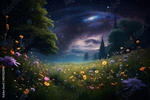 A beautiful fairytale enchanted field flowers at night with a big moon in the sky illuminating trees and great vegetation.