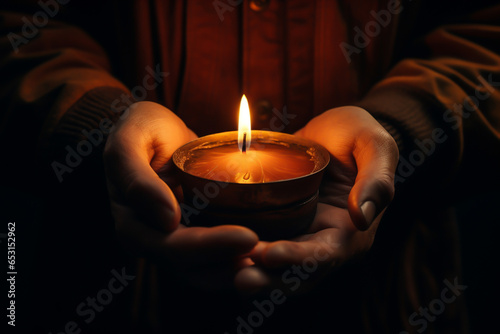 Close-up shot of Burning candle in hands with selective focus - hope and pray