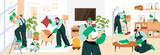 People in uniform work in cleaning service. Professional cleaners clean apartment, home interior. Experts with washing equipments: brush, mop, vacuum. Housework, housekeeping flat vector illustration