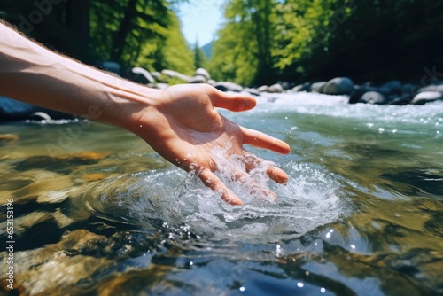 A man's hand touches seawater