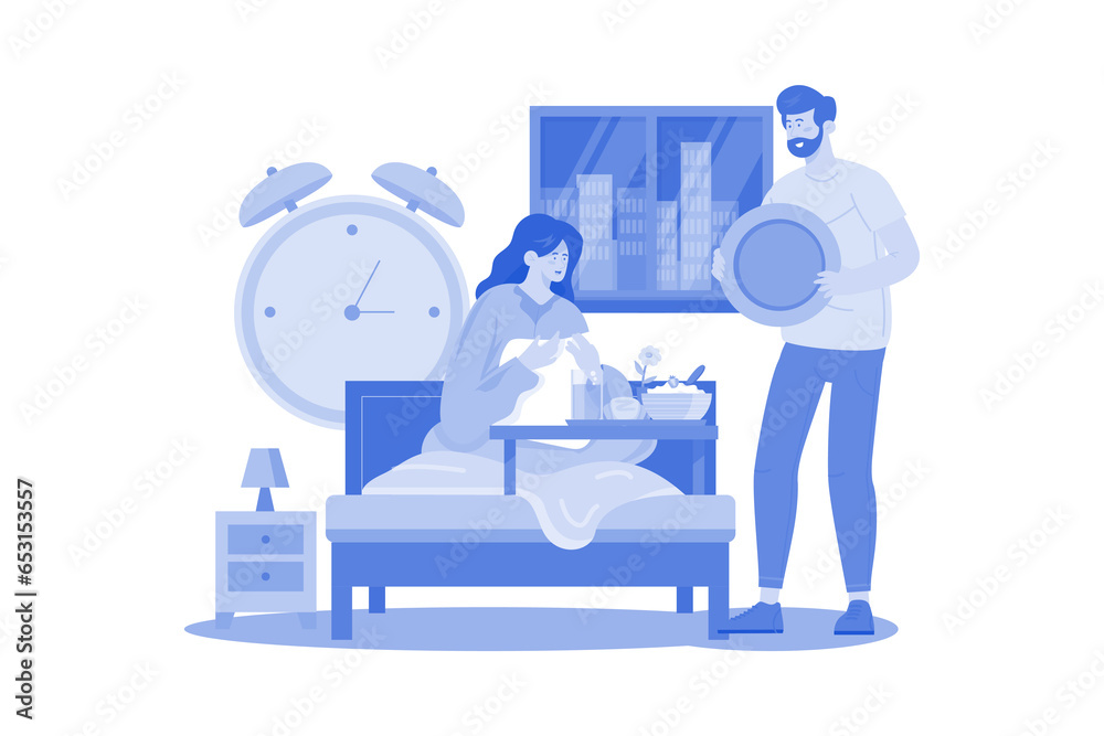 A man prepares a special breakfast in bed for the woman