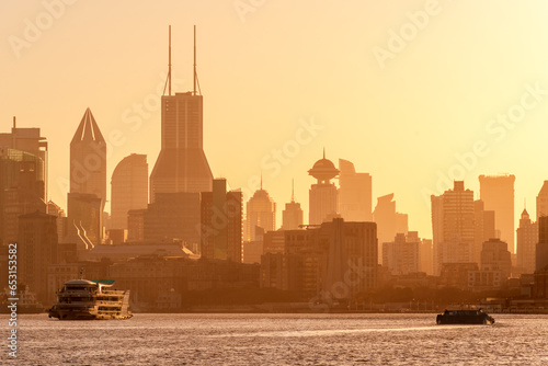 skyline of Shanghai financial district buildings at sunset