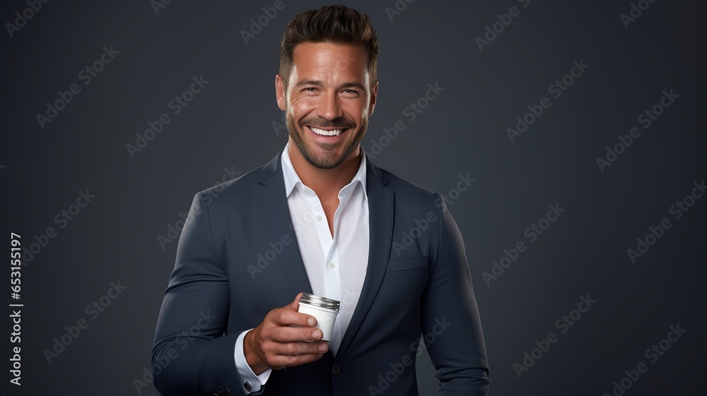 A Portrait of cheerful handsome businessman showing and advertising new product on gray background. A Portrait of cheerful handsome businessman showing and advertising new product on gray background.