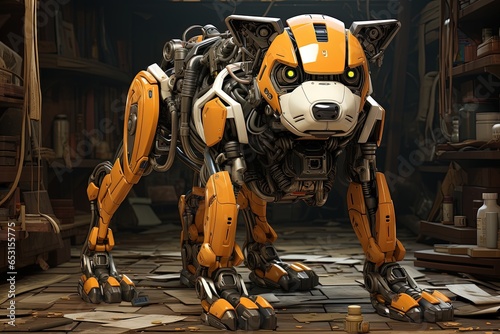 Yellow and white robotic animal dog, cyber dog, technological advancement