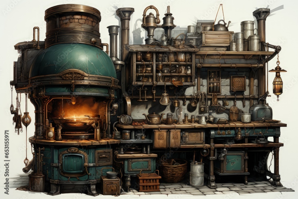 Ancient chemists laboratory with mysterious objects and experiments concept art illustration
