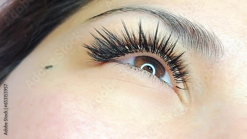 Close up of eye with eyelash Extensions in beauty salon macro view  photo