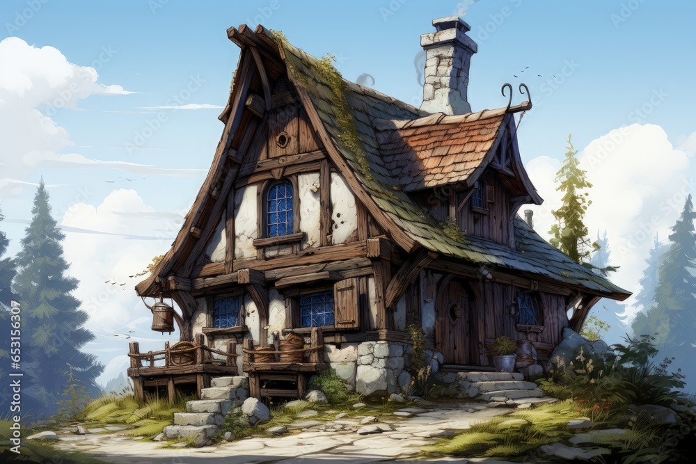 Rural ancient wooden house concept art illustration