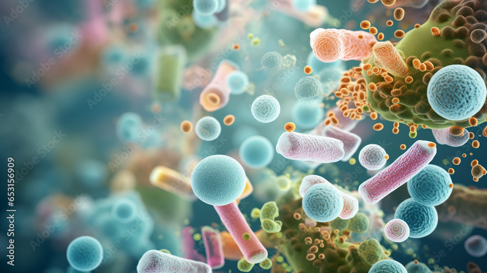 macro view of healthy gut bacteria and microbes - obrazy, fototapety, plakaty 