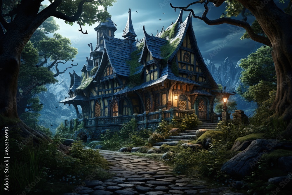wooden house in the middle of the forest concept art illustration wooden house in the middle of the forest concept art illustration