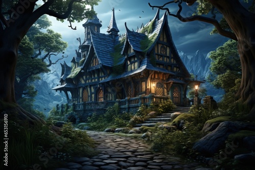 wooden house in the middle of the forest concept art illustration