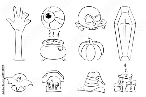 Set of cute Halloween elements in vector, hand drawn in black and white outlines. Childish uneven style