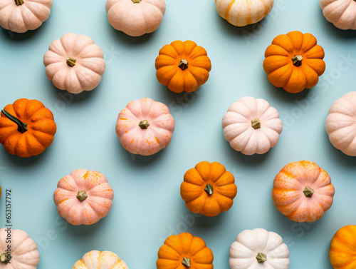 Topdown view of a small pumpkins on pastel background for autumn or Halloween. Generative Ai