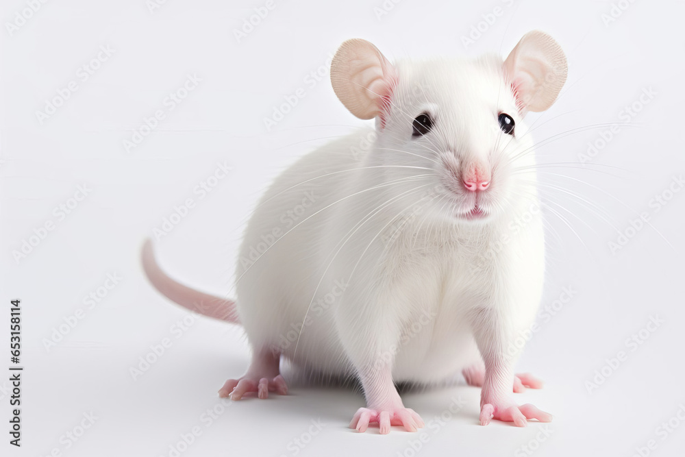 Close-up of a copy space white tame rat on a white background.
