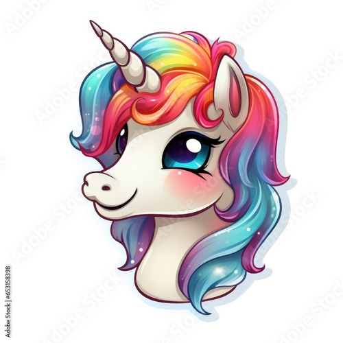 A cartoon unicorn's head with a rainbow mane. Digital art. Cute rainbow sticker.