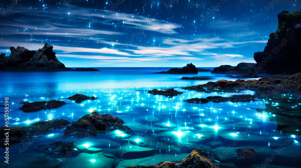 Stunning bioluminescent bay under a starry sky,