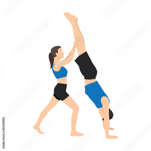 Young couple helping each other to practicing yoga. Woman helps a man doing handstand yoga exercise. Flat vector illustration isolated on white background © lioputra