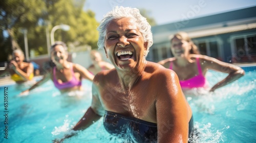 Close up on active seniors sit while bathing in the swimming pool. Old ladies laughing in the water. A woman enjoying aqua fit class.