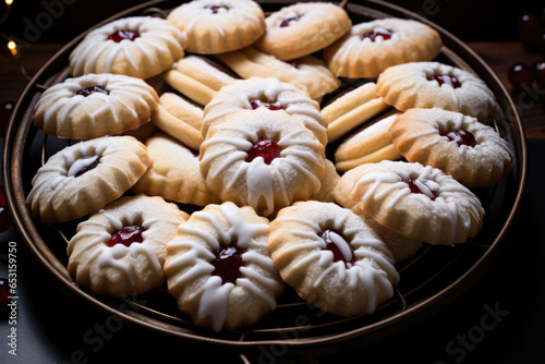 A plate of cookies with jam on them. Digital art. © tilialucida