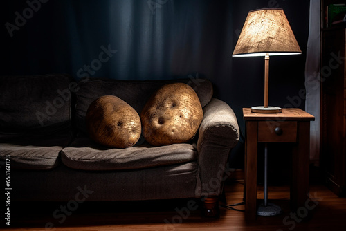 two tired potatoes relaxing on an old couch and enjoying life, concept couch potatoes