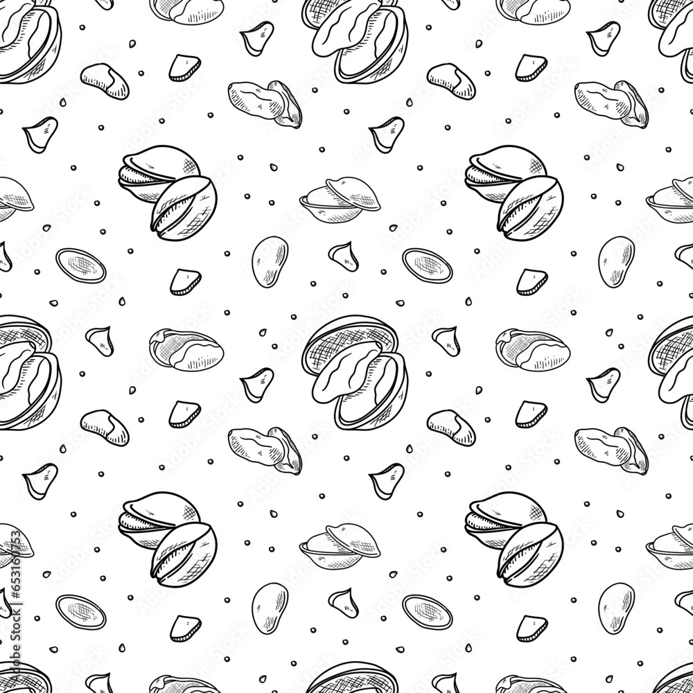 Pistachio seamless pattern. Vintage sketch design. Organic food illustration. Natural nut snack background. Vegetarian retro wallpaper. Decorative botany vector illustration in sketch style