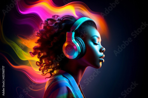 African woman wearing headphones, enjoying music flow, feeling emotions in vibrant color vibes, colorful dynamic sound waves and abstract digital light effects covering her hair on black background