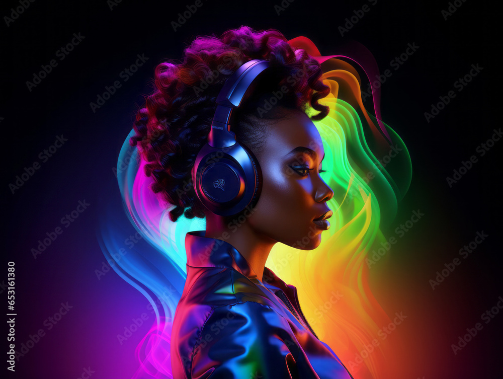 Fototapeta premium African woman wearing headphones, enjoying music flow, feeling emotions in vibrant color vibes, colorful dynamic sound waves and abstract digital light effects covering her hair on black background