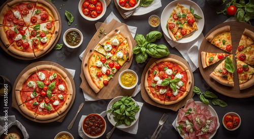 Top view on buffet of delicious freshly prepared pizza and european cuisine dishes. Variety of pizzas on the restaurant table. Generative AI