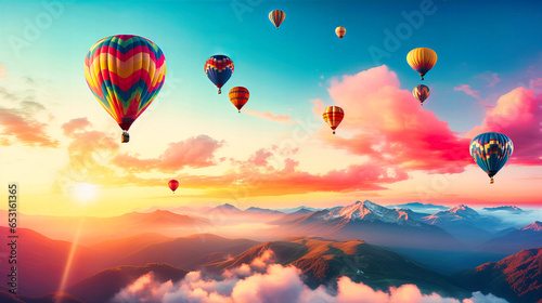 Colorful hot air balloons against a dawn sky