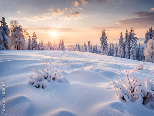Winter sunset landscape with trees and snow. © Katarzyna