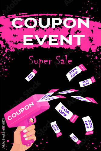 Pink money gun with flying coupons on aabstract black and pink background. Trendy cartoon vector illustration for flyer, poster or banner. Black Friday marketing event template.