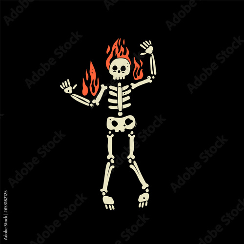 Burning human Skeleton. Hand drawn modern Vector illustration. Isolated design element. Poster, logo, print template. Cute creepy character. Halloween, spooky, horror, holiday concept