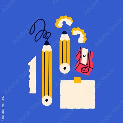 Pencil, sharpener, blank paper, sticky note, pencil shavings. Reminder, office, writing, planner concept. Hand drawn Vector illustration. Cartoon style. Isolated elements. Design templates